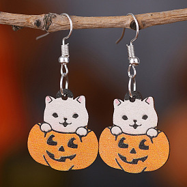 Halloween Wood Earrings, with Stainless Steel Earrings Hook, Cat Shape with Pumpkin