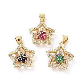 Brass Micro Pave Cubic Zirconia Pendants, Real 18K Gold Plated, Hollow Star with Flower Charm