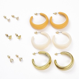 Ring & Daisy & Star & Square Rhinestone Stud Earrings, Resin Half Hoop Earrings, Open Hoop Earrings for Women, Golden