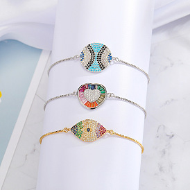 Colorful Zircon Eye Bracelet with Brazilian Religious Style, Simple and Personalized Heart Round Hand Chain Adjustable Bangle.