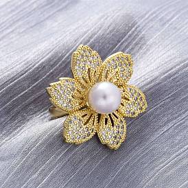 Латунные кольца-манжеты с микропаве и прозрачным цирконием для женщин, цветок, с пластмассовой жемчужиной abs, долговечный, без свинца и без кадмия