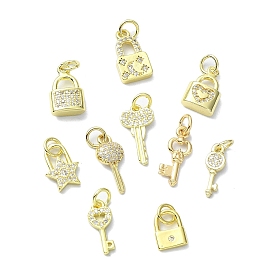 Brass Micro Pave Claer Cubic Zirconia Charms, with Jump Ring, Real 18K Gold Plated, Key/Lock