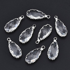Brass Glass Pendants, Faceted, Drop, Clear