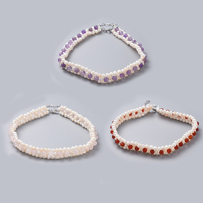 Natural Freshwater Pearl Necklaces, with Gemstone Beads, 304 Stainless Steel Findings and Kraft Paper Cardboard Jewelry Boxes