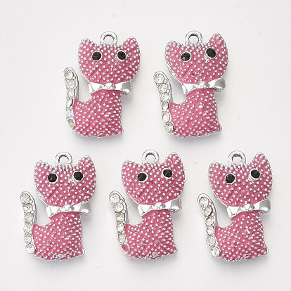 Alloy Rhinestone Enamel Kitten Pendants, Bumpy, Cat Shape, Platinum