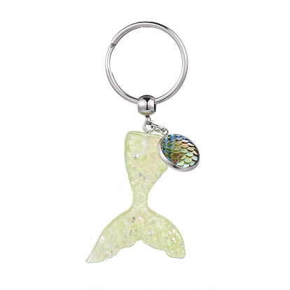 Resin Glitter Powder Keychain, with 316 Surgical Stainless Steel Split Key Rings, Mermaid Tail Shape & Flat Round with Mermaid Fish Scale