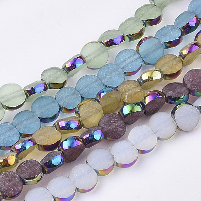 Electroplate Glass Beads Strands, Multi-color Plated, Frosted and Faceted, Flat Round