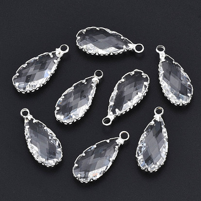 Brass Glass Pendants, Faceted, Drop, Clear