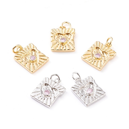 Латунные микро проложить кубического циркония прелести, с прыжковых колец, долговечный, квадрат с сердцем, розовые