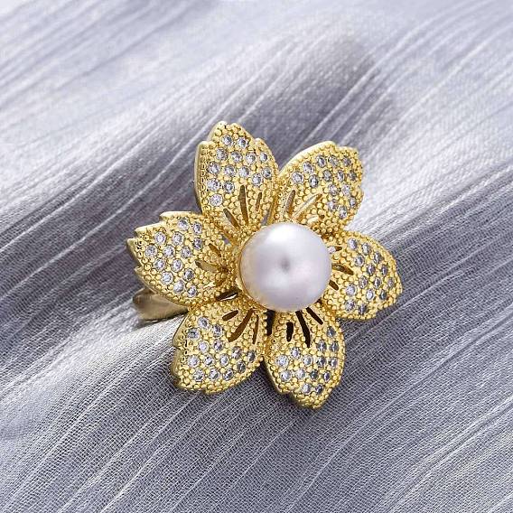 Латунные кольца-манжеты с микропаве и прозрачным цирконием для женщин, цветок, с пластмассовой жемчужиной abs, долговечный, без свинца и без кадмия