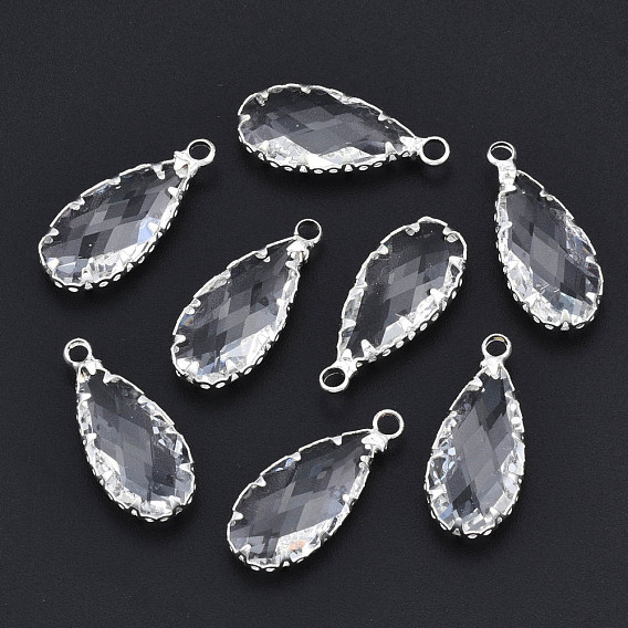 Brass Glass Pendants, Faceted, Drop, Clear