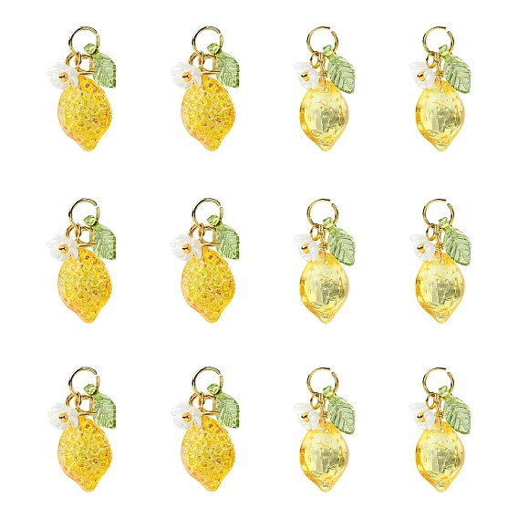 40 шт. 2 стили стеклянные и акриловые подвески, лимон, с 304 кольцами из нержавеющей стали