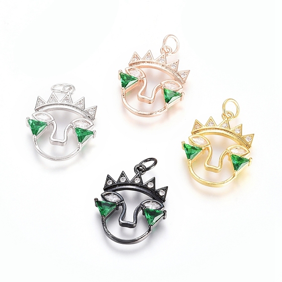 Brass Micro Pave Cubic Zirconia Pendants, with Jump Ring, Long-Lasting Plated, Human Face