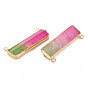 Natural Quartz Crystal Connector Charms, with Light Gold Plated Brass Loops, Dyed, Rectangle
