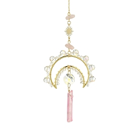 Natural Quartz Crystal Nuggets Pendant Decorations, with Moon Glass & Brass Link, for Home Decorations
