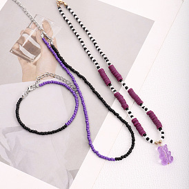 Boho Purple Multi-Layer Necklace with Ceramic and Bead Bear Pendant