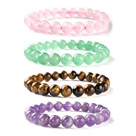 4Pcs 4 Style Round Natural Mixed Gemstone Beads Stretch Bracelets for Women Girl