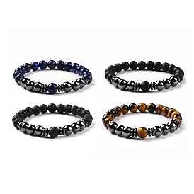 4Pcs Synthetic Hematite & Natural Black Agate(Dyed) & Lava Rock & Tiger Eye Beads Stretch Bracelets Set for Women Men