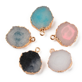 Druzy Resin Pendants, with Edge Light Gold Plated Iron Loops, Flat Round