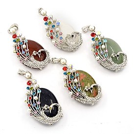 Multi-Color Alloy Rhinestone Peacock Setting with Oval Gemstone Big Pendants, Platinum Metal Color, 66x33x15mm, Hole: 7x5mm