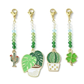 Décorations pendantes en alliage émaillé, avec perles de verre et fermoirs mousquetons en acier inoxydable, feuille/cactus/plante en pot