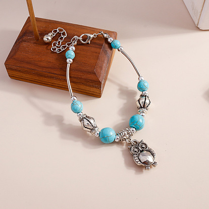 Owl Alloy Charm Bracelets, Synthetic Turquoise Beaded Bracelets for Women