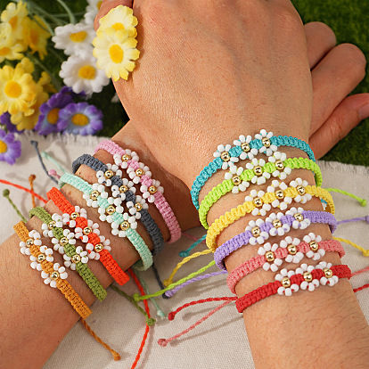 Браслеты ручной работы из плетеных цветов, украшенные стеклянными бусинами в виде ромашек., регулируемые браслеты шнур