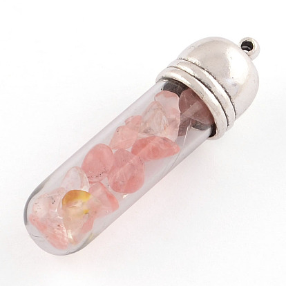 Wishing Glass Bottle Pendants, with Chip Gemstones Beads inside and Antique Silver Tone Alloy Findings, 48x13mm, Hole: 1.5mm