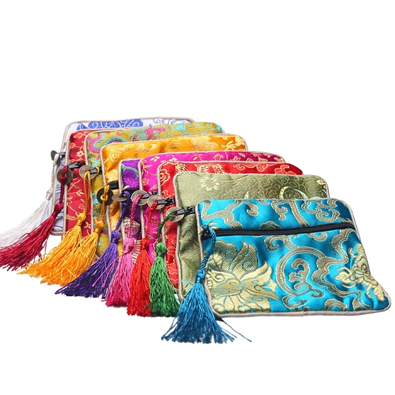 Floral Print Polyester Jewelry Storage Zipper Pouches, with Tassels, Square