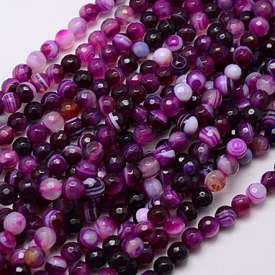 Natural Striped Agate/Banded Agate Beads Strands, Faceted, Dyed, Round