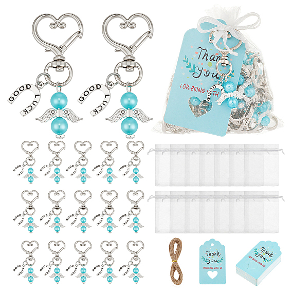 50pcs décorations pendentif ange en alliage et plastique ABS imitation perle, avec fermoirs pivotants en alliage et sacs cadeaux en papier cartonné et en organza, argent antique et platine