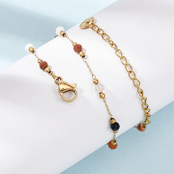 Женские браслеты на ногу из цепочки из нержавеющей стали с ограненными круглыми бусинами из натурального агата, говлита и синтетического авантюрина, ионное покрытие (ip), красочный