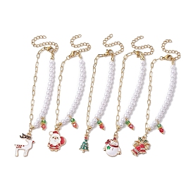 5Pcs 5 Styles Christmas Acrylic Imitated Pearl & Paperclip Chain Bracelets, Santa Claus & Deer Alloy Enamel Charm Stackable Bracelets for Women