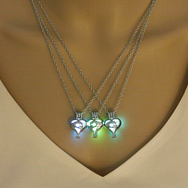 Alloy Heart with Word Mom Cage Pendant Necklace with Luminous Plastic Beads, Glow in the Dark Jewelry for Mother's Day