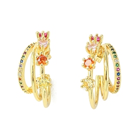 Colorful Cubic Zirconia Stud Claw with Flower Stud Earrings, Rack Plating Brass Triple Line Half Hoop Earrings for Women
