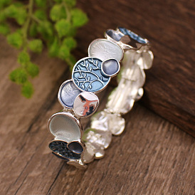 Alloy Enamel Stretch Bangles, Flat Round with Tree