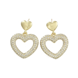 Hollow Heart Brass with Cubic Zirconia Stud Earrings, Long-Lasting Plated, Lead Free & Cadmium Free