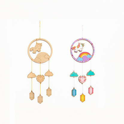 DIY Unicorn Wind Chime Making Kits, Including 1Pc Wood Plates, 1 Card Cotton Thread and 1Pc Plastic Knitting Needles, for Children Painting Craft