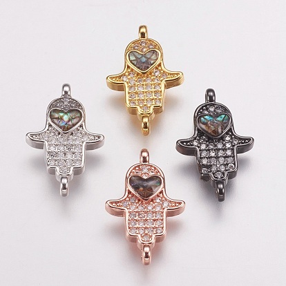 Brass Micro Pave Cubic Zirconia Links, with Abalone Shell/Paua Shell, Hamsa Hand with Heart