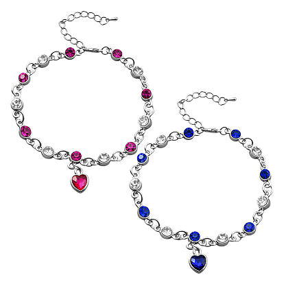 2 шт. 2 цвета браслеты с подвесками в виде сердечек из сплава со стразами, женские браслеты с плоскими круглыми звеньями