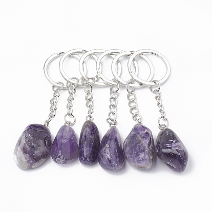 Natural Gemstone Keychain, with Iron Findings, Nugget, Platinum