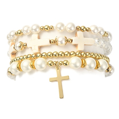 4Pcs 4 Style Shell Pearl & Glass Beaded Stretch Bracelets Set, Brass Cross Charms Stackable Bracelets for Women