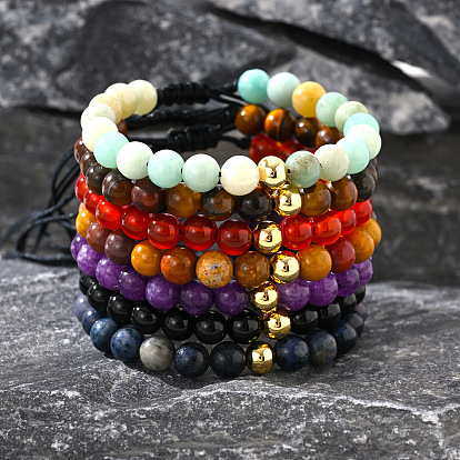 Браслеты из плетеных бусин из натуральных драгоценных камней, регулируемые мужские браслеты из нейлонового шнура