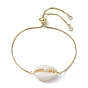 Natural Shell & Pearl Links Slider Bracelet, Golden Brass Box Chains Adjustable Bracelet for Women