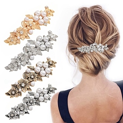 Alloy Rhinestone Hair Barrettes, Hair Accessories for Women, with Imitation Pearl Beads, Flower