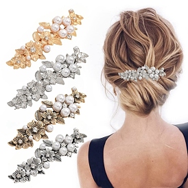 Alloy Rhinestone Hair Barrettes, Hair Accessories for Women, with Imitation Pearl Beads, Flower