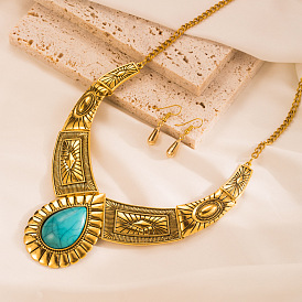 Exaggerated Alloy Necklace Set with Vintage Turquoise Lock Chain and Earrings