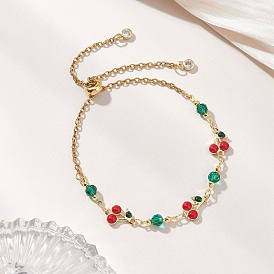 Браслеты из латунных эмалевых звеньев с вишней, 304 браслеты-слайдеры из нержавеющей стали с цепочкой