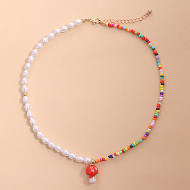 Red and White Polka Dot Glass Mushroom Pendant Necklace for Women, Trendy and Simple Pearl Bead Jewelry