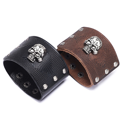 Genuine Cowhide Cord Bracelets, with Alloy Findings, Skull